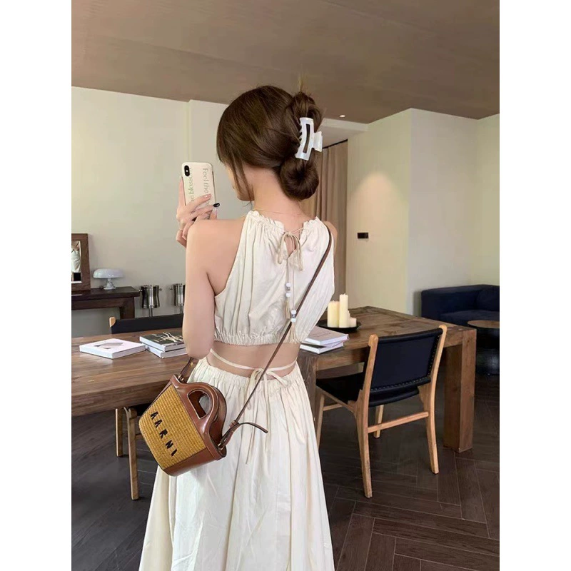 Платье-слинг с полой талией и лямкой на шее, женское летнее платье средней длины на шнуровке, стройнящее праздничное платье