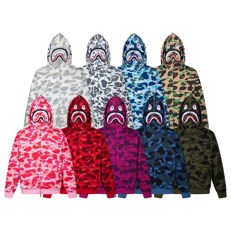 Amazon's New Shark Trendy Brand Double-Hood Camouflage Color-Blocking 3D Digital Casual Sports Hoodie Couple's Jacket