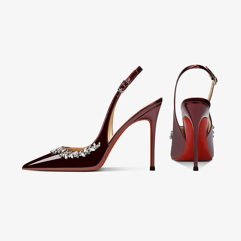 Genuine Leather 2026 Summer New Rhinestone Red-Soled Women's Stiletto Heel French-Style Sandals, Light Luxury High-Heeled Shoes