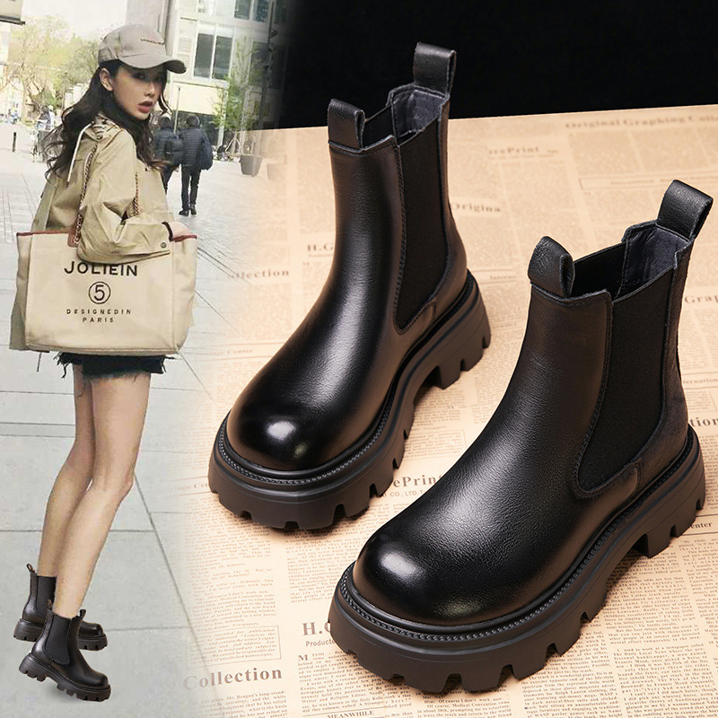 Thick-Soled Martin Boots for Women, 2025 Autumn and Winter New Style, Height-Increasing Short Boots for Petite Women, Fleece-Lined Chimney Boots, Fashionable Single Boots