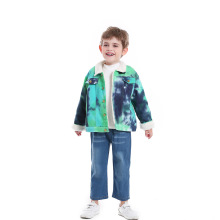 新款儿童冬款外套男女童韩版扎染厚仿羊羔绒翻领宝宝牛仔加绒棉服