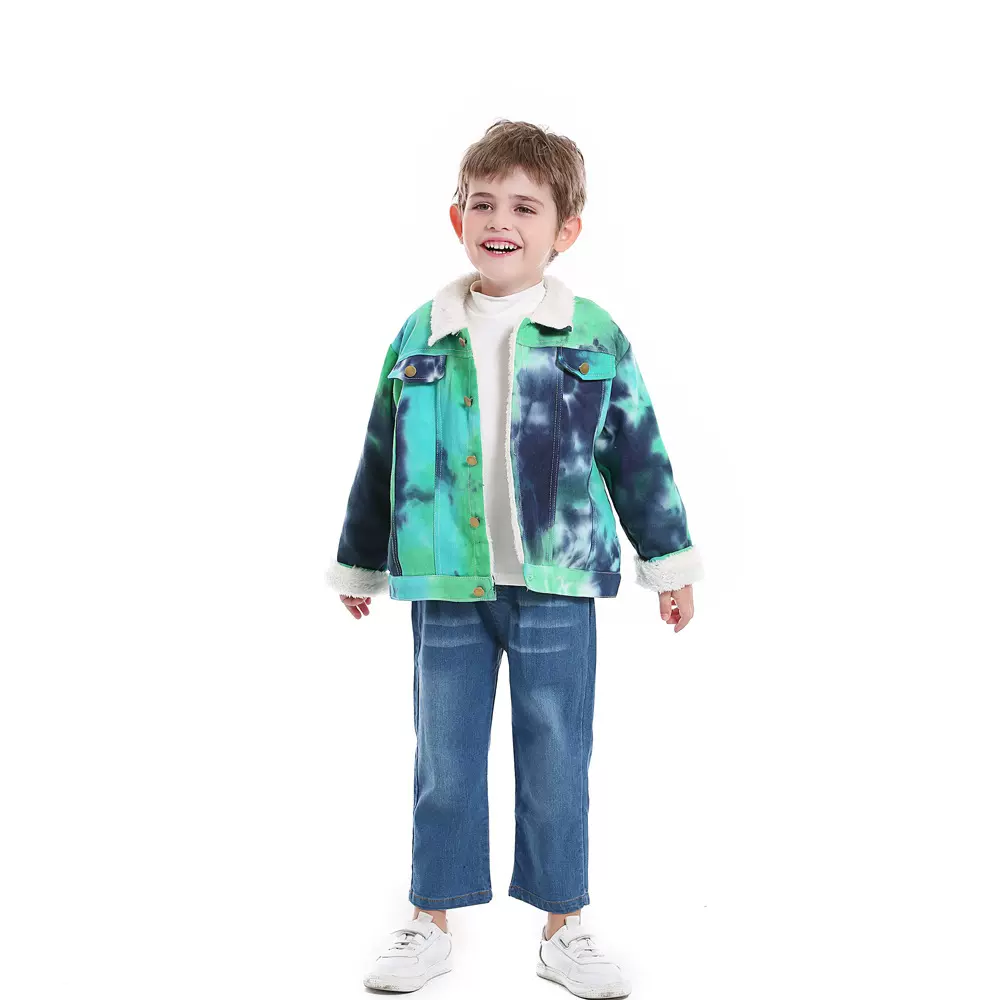 新款儿童冬款外套男女童韩版扎染厚仿羊羔绒翻领宝宝牛仔加绒棉服