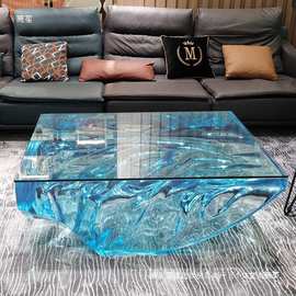 轻奢现代蓝色海洋水晶茶几客厅感艺术家用别墅透明树脂茶台桌