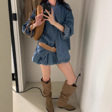 韩国ins东大门秋装新款韩版复古水洗牛仔外套+时尚压褶短裤套装女