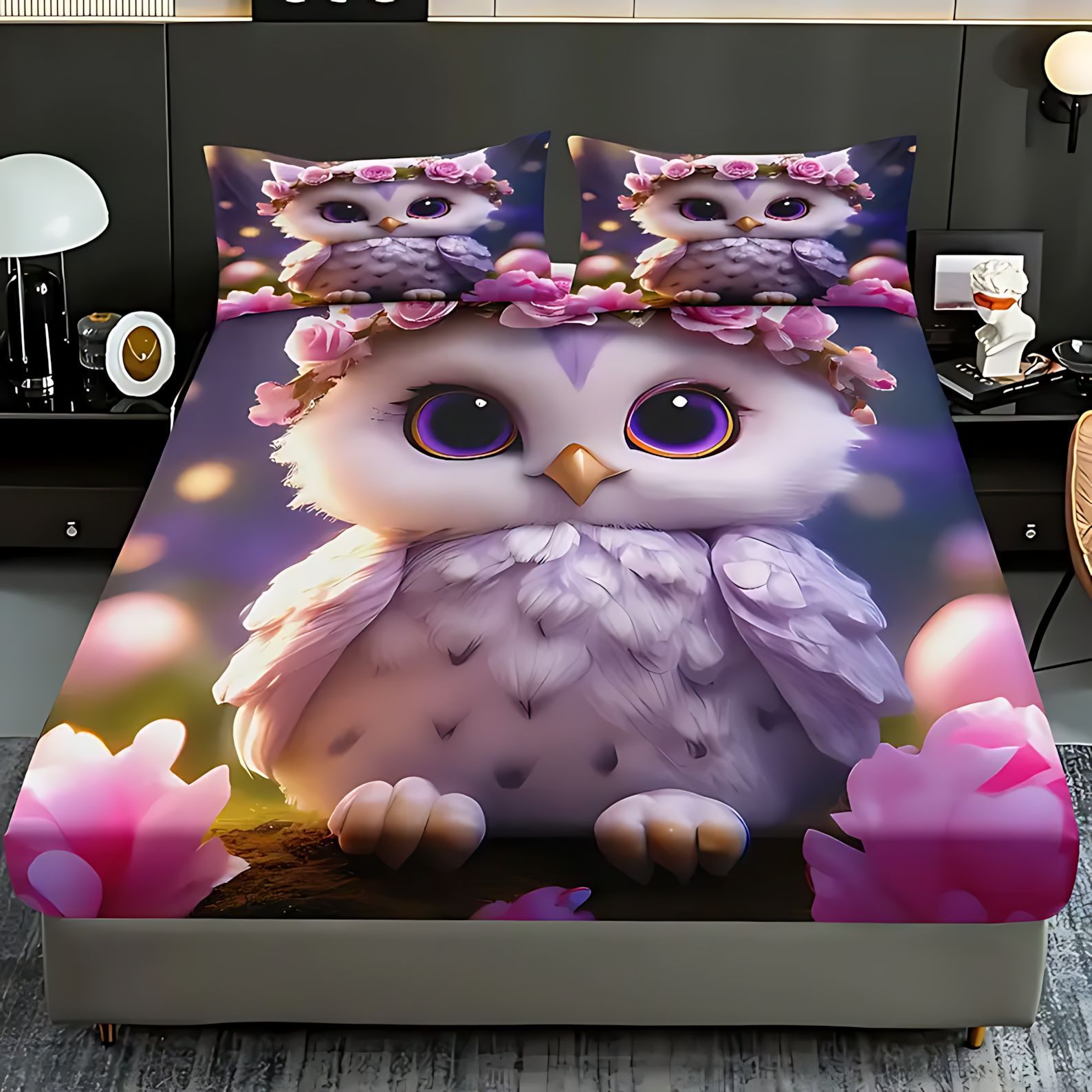 TEMU / JIT textil casero transfronterizo lindo tema búho molido 3D impresión digital cama Kasa Kit fuente fabricante