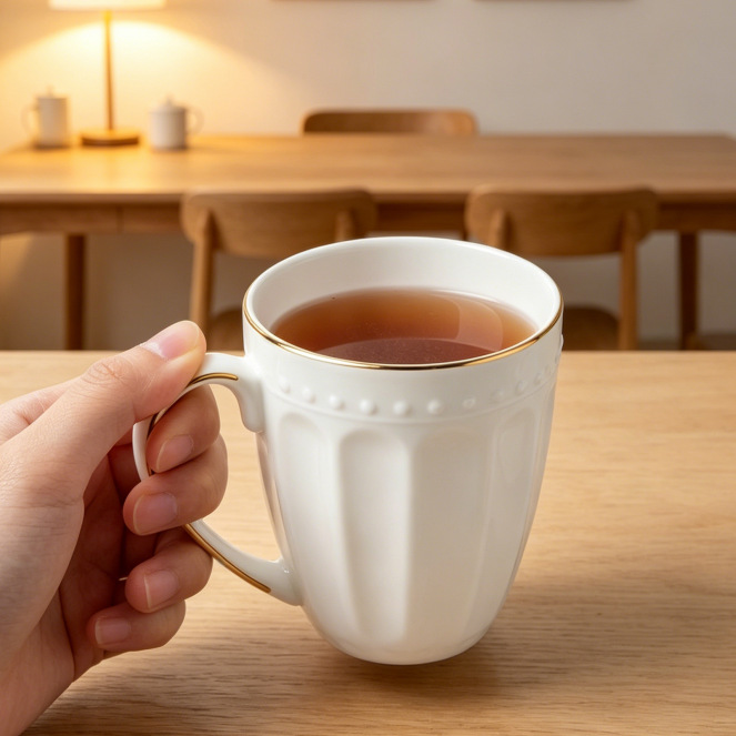 Mayorista de alto valor nominal Phnom Penh en relieve taza de cerámica de agua de oficina doméstica de leche blanca pura taza de porcelana de hueso de café puede fijar logotipo