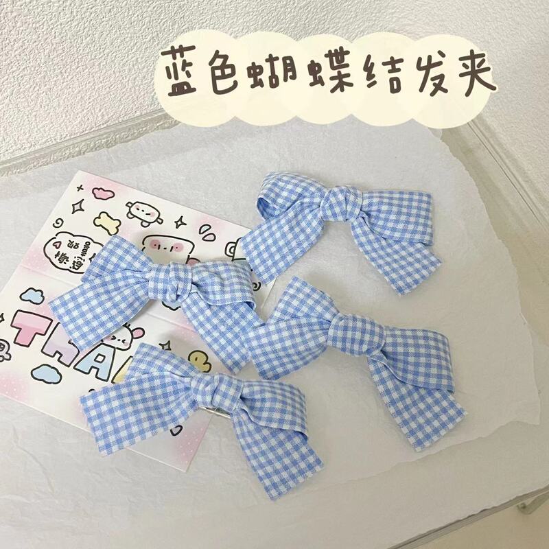 Blue Plaid Bow Hairpin Japanese Style Soft Girl Double Pony Tail Duckbill Clip Cute Girl Hair Accessories Side Clip