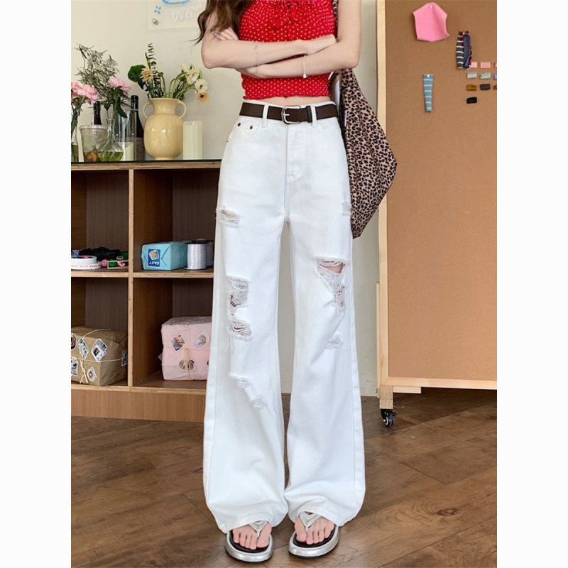 여름에 시원한 느낌을 주는 여성용 화이트 와이드 레그 청바지, 작은 사이즈의 찢어진 팬츠, 트렌디한 하이웨이스트, 다리에 꼭 맞지 않는 스트레이트 레그 바닥 길이 팬츠