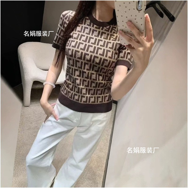 Nanyou Women's High-Quality F Brand Knitted Short-Sleeve Letter Print Classic Retro Slim Fit Round Neck T-Shirt Nanyou Women's High-Quality F Brand Knitted Short-Sleeve Letter Print Classic Retro Slim Fit Round Neck T-Shirt