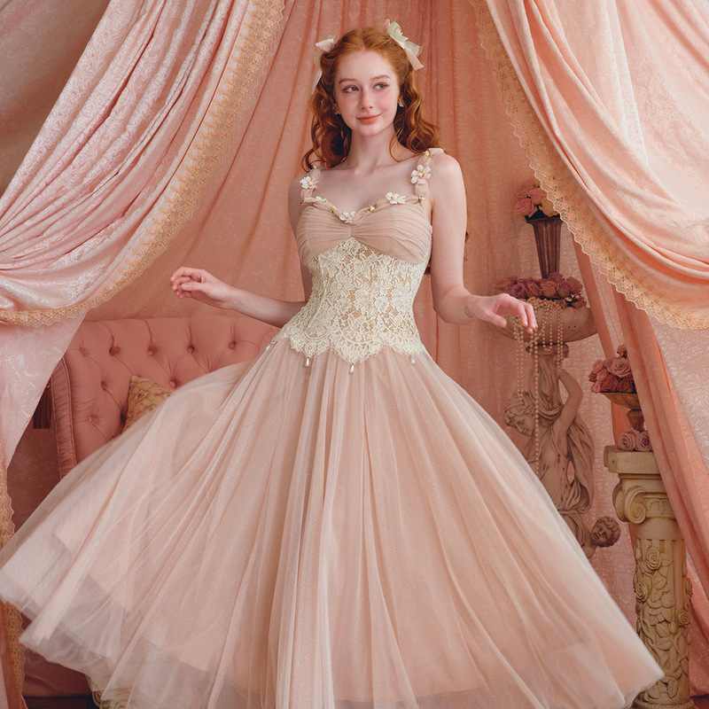 French Sweet Lace Pink Mesh Fishbone Sling dress Fairy Entry Luxury Niche High-class Banquet Evening Dress French Sweet Lace Pink Mesh Fishbone Sling dress Fairy Entry Luxury Niche High-class Banquet Evening Dress
