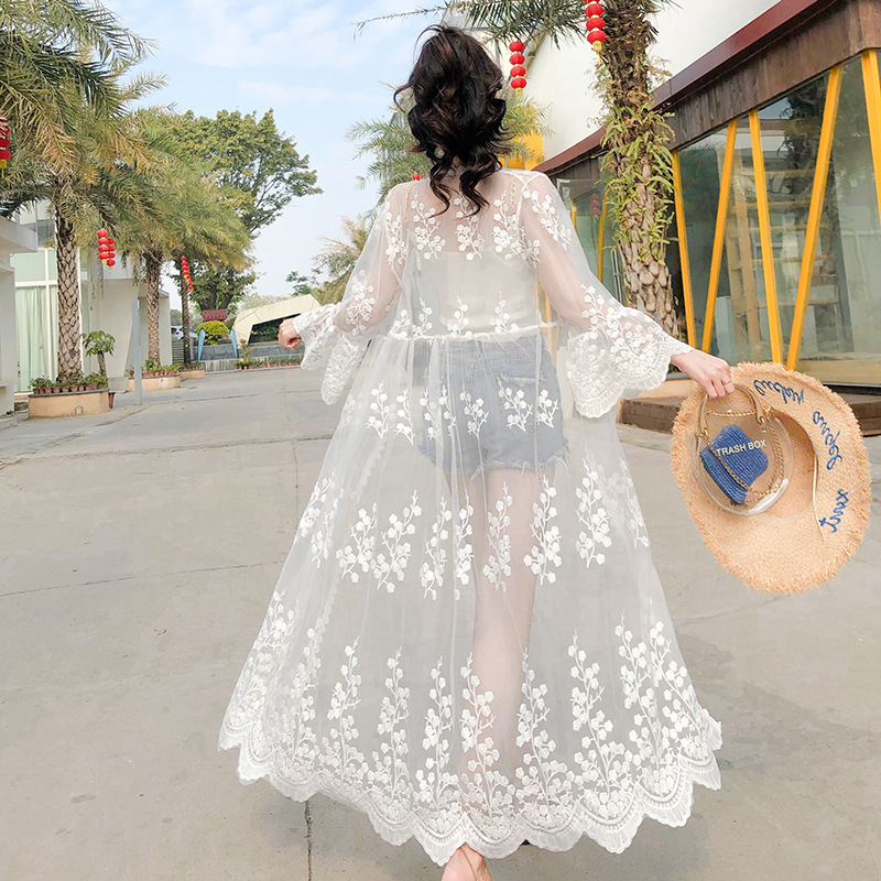 2025 New Arrival Embroidered Shawl Thin Coat Summer Vacation Seaside Beach Sunscreen Women's Mid-Length Lace Cardigan