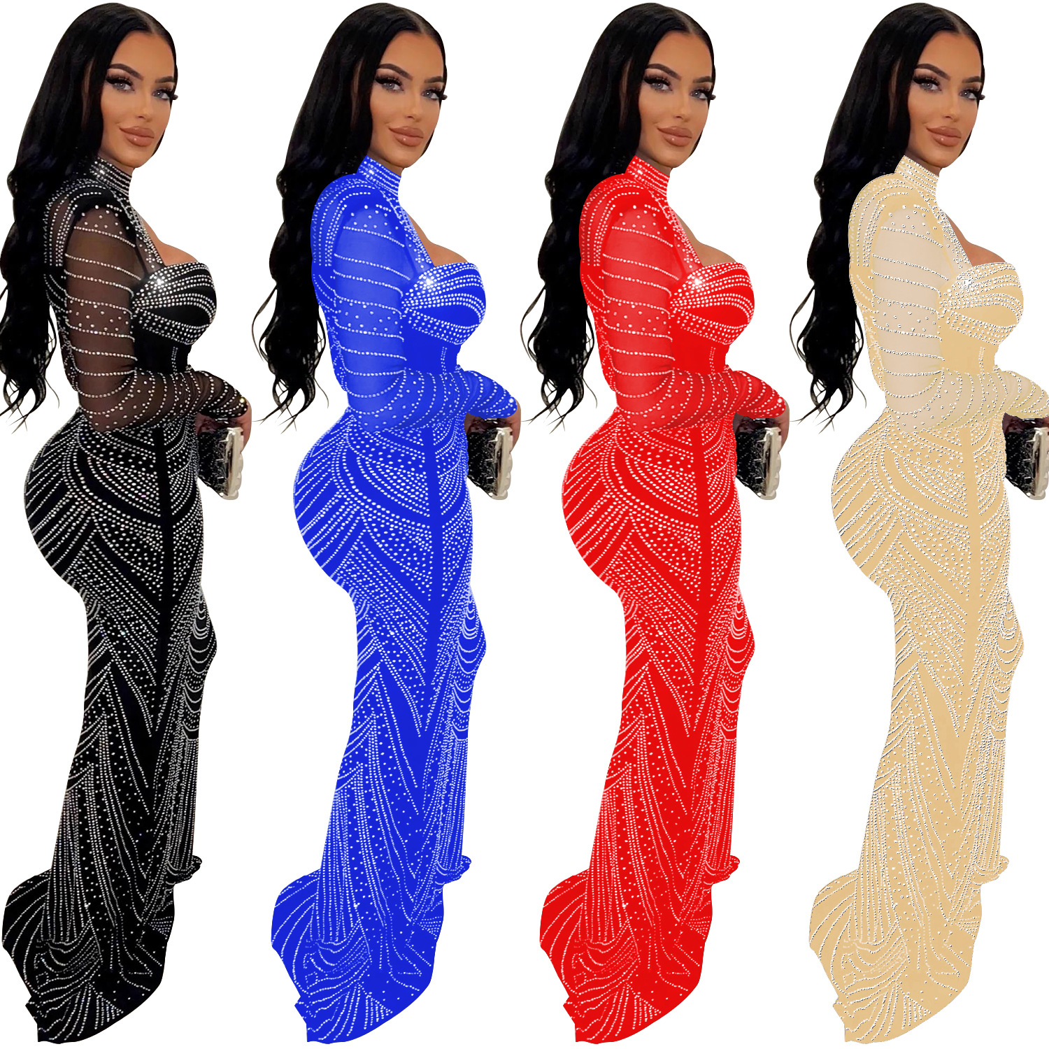 C6170 transfronteriza AliExpress Amazon ropa de mujer de moda europea y americana de color sólido rhinestone malla de manga larga con cuello en V vestido de las mujeres image 6