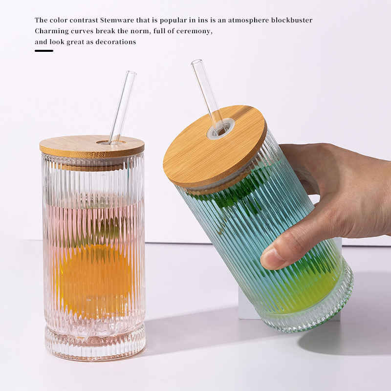 跨境竖纹玻璃吸管杯果汁牛奶可乐杯奶茶饮料杯带盖梅森玻璃杯