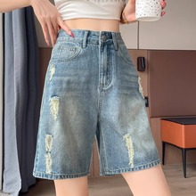 超火复古破洞五分牛仔短裤女2025夏季小个子a字阔腿5分乞丐中裤子
