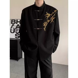 New Chinese Style Plus Size Men's Engagement Suit Chinese Style Stand Collar Tunic Gold Bamboo Embroidery Boy Adult Dress Suit