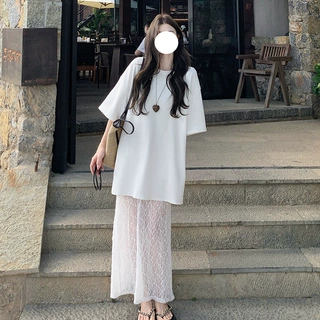 蕾丝拼接假两件白色短袖t恤连衣裙女夏设计感小众慵懒度假风长裙