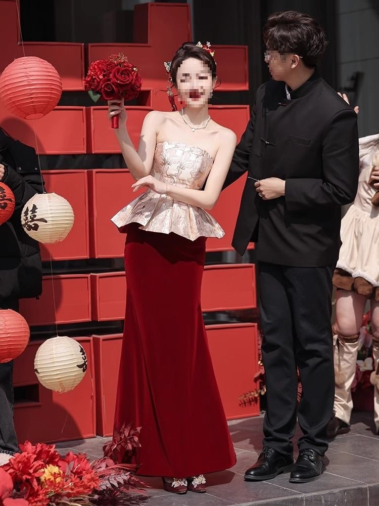 Toast Dress Bride New French Velvet Wedding Engagement Dress Women's Light Luxury Banquet Fishtail Skirt