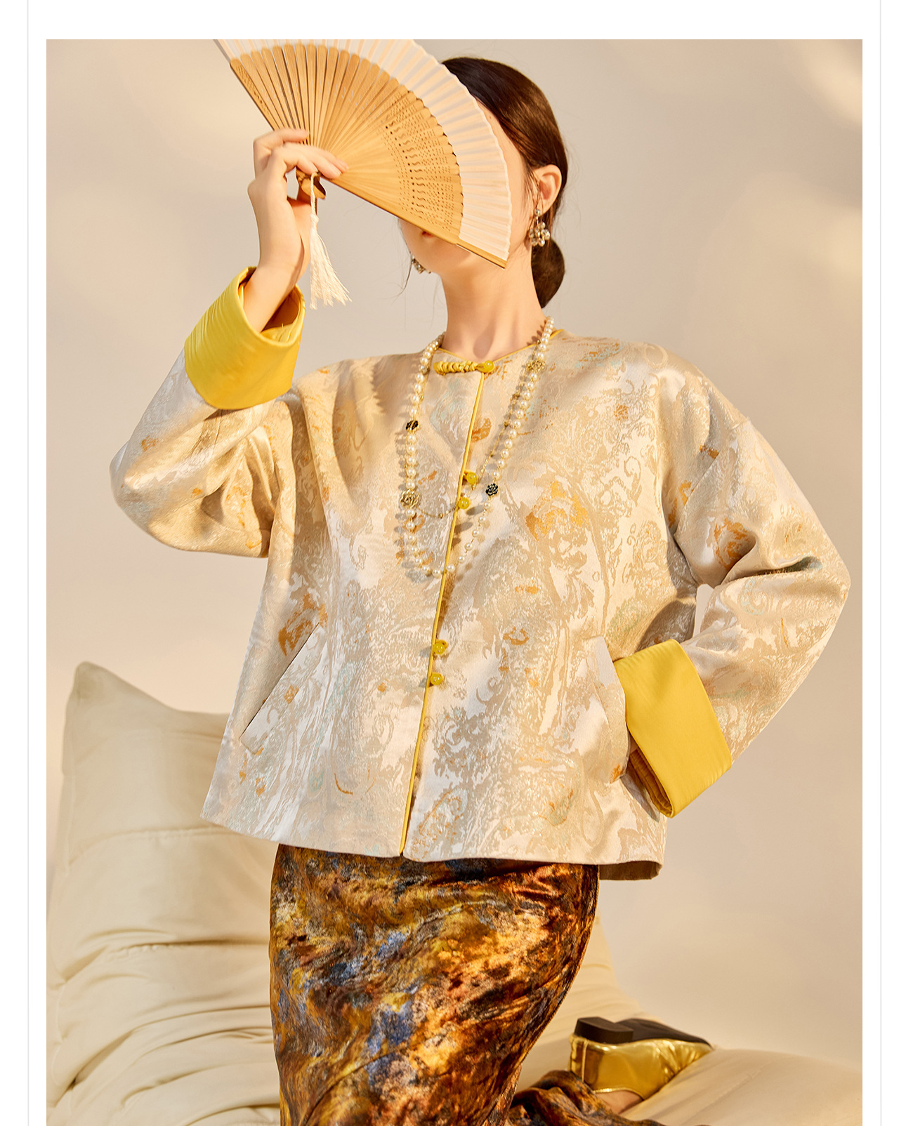 Áo khoác nữ kiểu Trung Hoa mới, chất liệu jacquard họa tiết nổi, phối khuy cài, form suông thu đông N9025 — Miju [phiên bản cotton], Hồng nhạt [phiên bản cotton], hồng nhạt, cơm cam chi tiết 7
