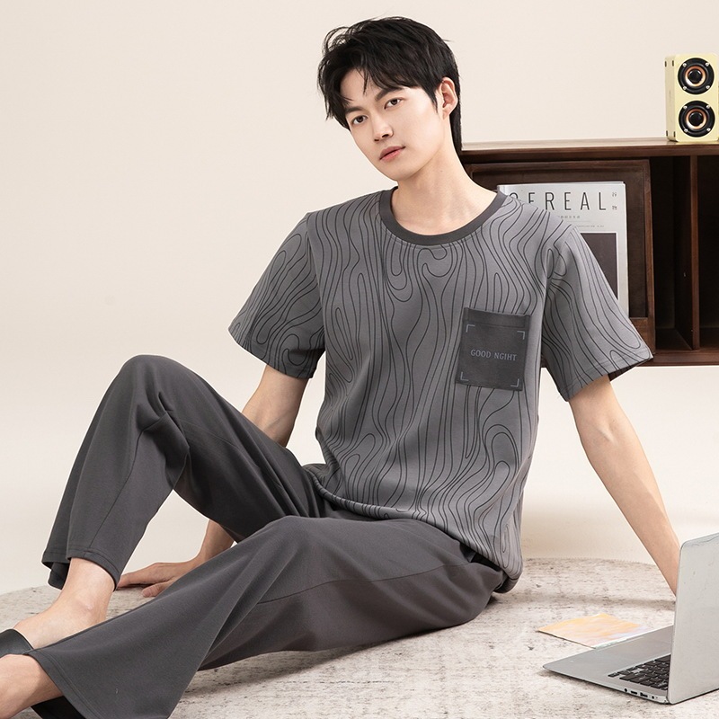2025新型パジャマ男性夏純綿半袖長ズボンの薄いタイプのカジュアルな家庭服綿セット|undefined