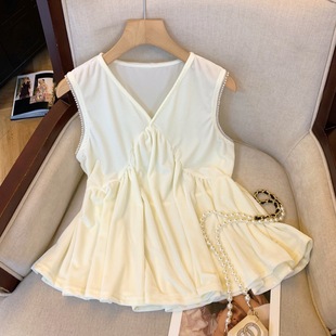 Tangtang~French V Neck Beaded Velvet Sleeveless Design Top for Women Summer New Loose Slimming Look Shirt