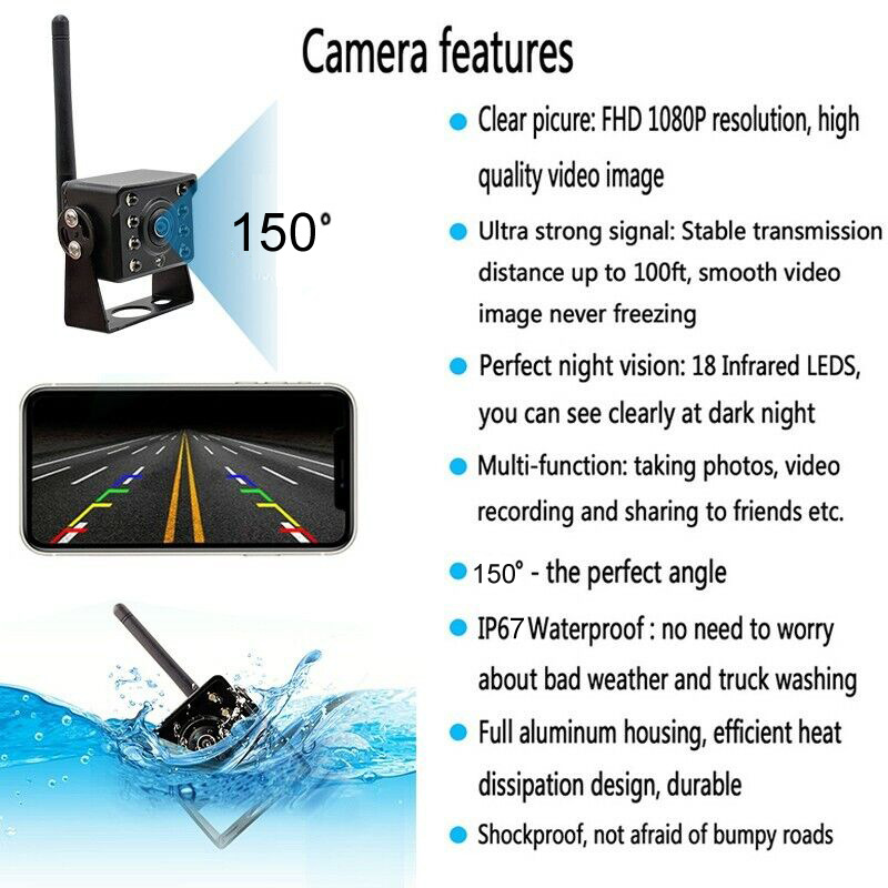 Wifi Wireless Reversing Camera 12V-36V High-Definition Infrared Night Vision Rear View Image for Buses, Trucks, and Vehicles