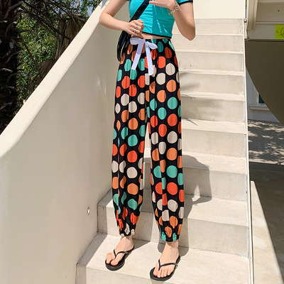 夏季新款宽松透气棉绸高腰蝴蝶结气质灯笼裤显瘦哈伦九分休闲裤子