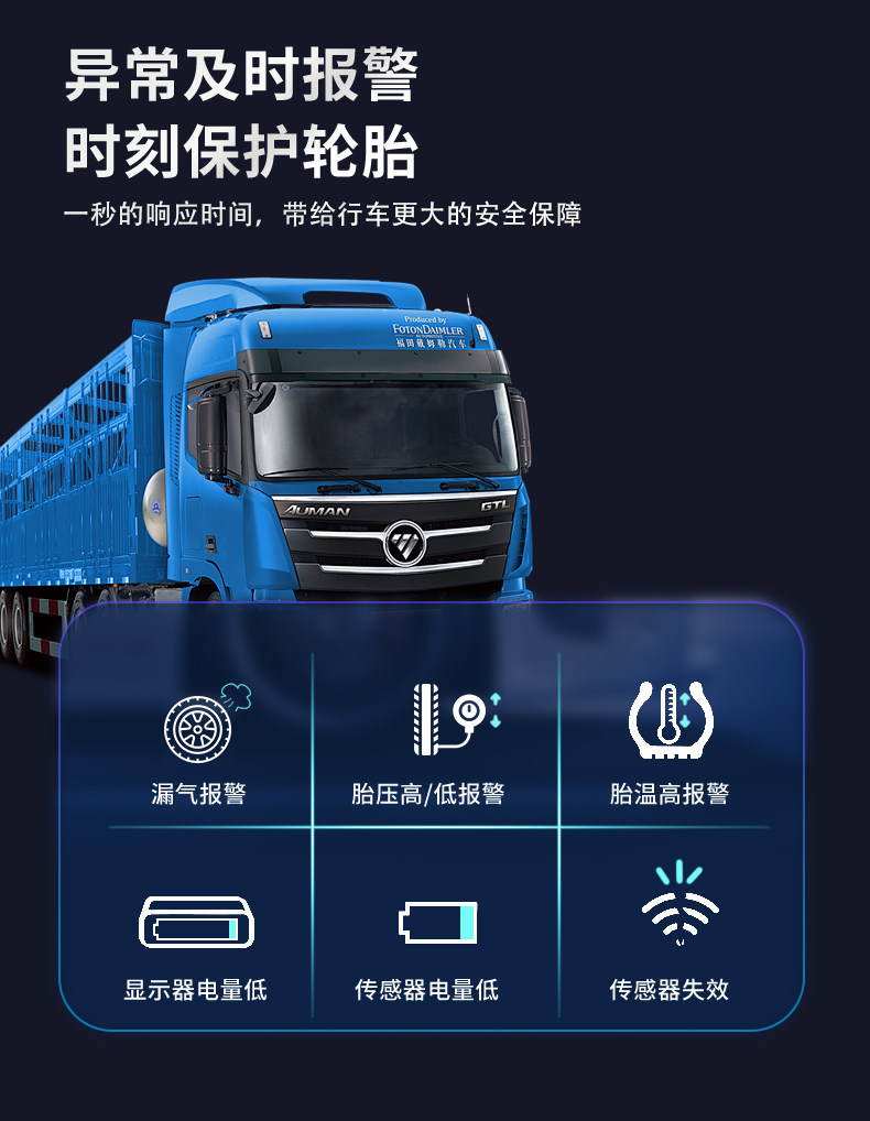 Truck tire pressure monitoring external wireless device for semi-trailers, fire trucks, RVs, and trailers, available for 6, 8, 10, 12, and 14-wheel vehicles
