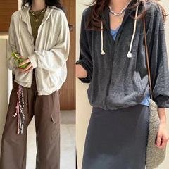 25春夏新作ワンショルダークラウドソフト薄手AV先染め肌起毛クラウドコットンフード付きオフショルダーカーディガントレーナー