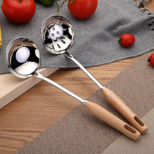 Factory Wholesale Stainless Steel Colander Soup Shell Household Beech Handle Hot Pot Soup Spoon Kitchen Utensils Stainless Steel Spoon