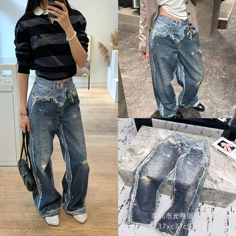 26 Early Spring New Style Destroyed Style 3D Printed Denim Printed Trousers
