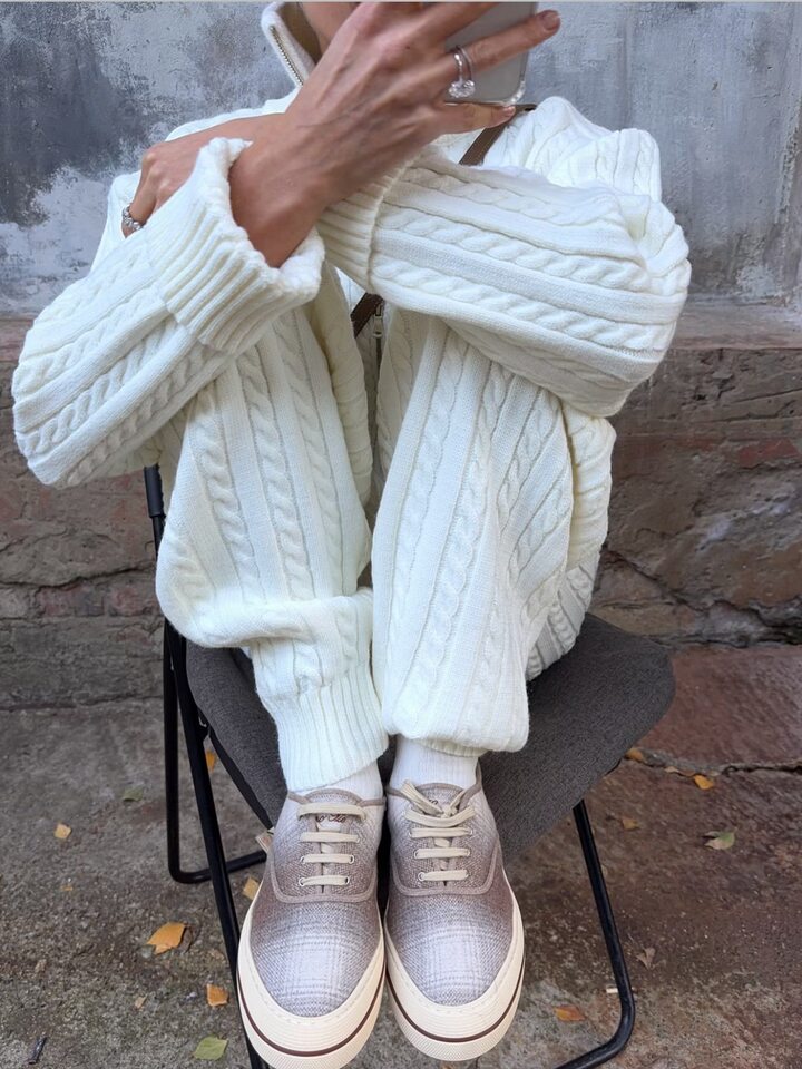 Bộ hai món nữ áo len cardigan cổ bẻ khóa kéo phối quần dài ống đứng, form rộng — Bộ hai mảnh áo len màu hồng, Bộ hai mảnh áo len màu sô cô la, Bộ hai mảnh áo len màu xanh ô liu, Bộ hai mảnh áo len màu xám chi tiết 5