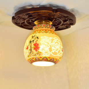 New Chinese Style Round Aisle Balcony Jingdezhen Ceramic Solid Wood Camphor Wood All-Copper Single-Head Ceiling Lamp Blue and White Porcelain