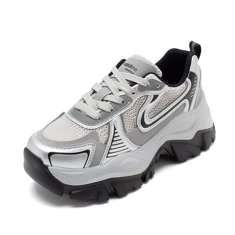 Augustion Daddy Shoes Mujer 2025 Nueva suela gruesa de primavera Plata Retro Casual Pies Sneakers ins