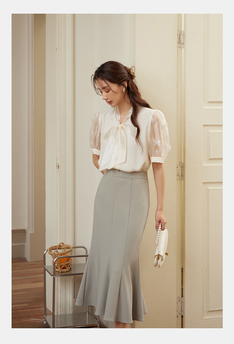 起范 夏款气质轻熟风蝴蝶结衬衫女短袖小众设计钉珠法式衬衣82302 pic 11