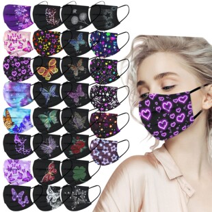 Adult Disposable Masks with Butterfly Black Print, Logo Placement, Three-Layer Protection, Available for Dropshipping, New Printed Design