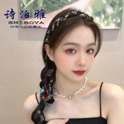 レトロなチェーンリボンヘッドバンド、女性用ヘアタイ、一体型ヘッドバンド、夏のシルクスカーフヘッドバンド、編み込みヘアピン、リボンヘアアクセサリー|undefined