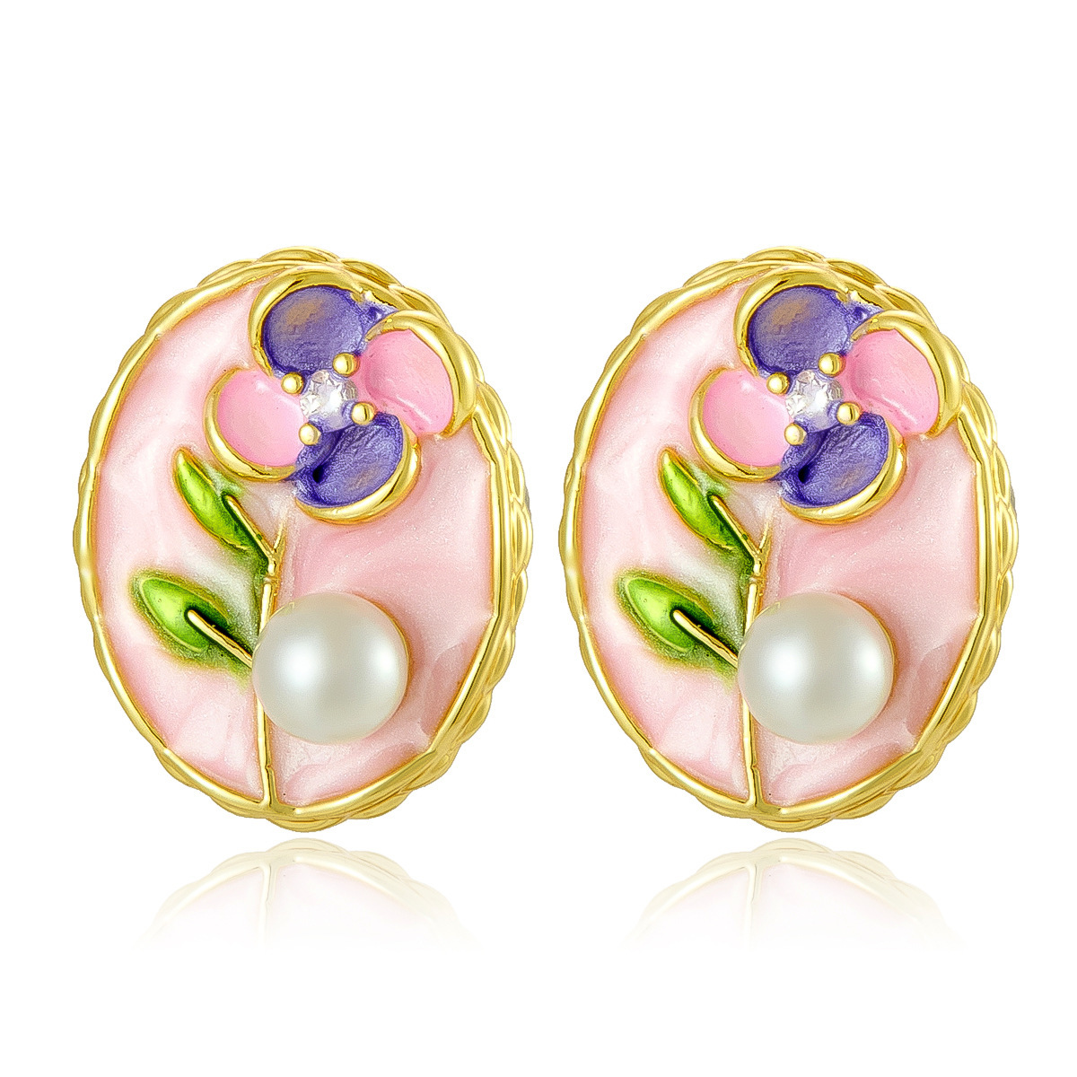 Pintura al óleo retro Pendientes de perlas de flores Estilo explosivo Cena de temperamento Pendientes de esmalte romántico Pendientes pequeños y frescos de todo fósforo