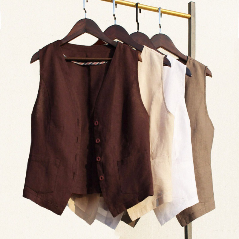 2025 Thin Fashion Short Cotton and Linen Vest Single Layer Vest Retro Casual Women's Sleeveless Cardigan Top Women