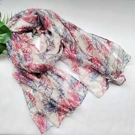 棉麻印花烫印围巾 夏季防晒披肩大羽毛印花巴里纱烫金印花围巾