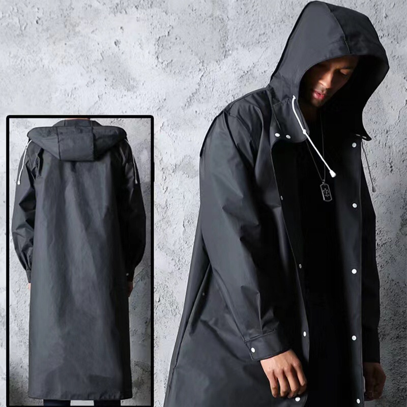 Black Adult Trench-Style Raincoat for Foreign Trade, Windproof Hood with Drawstring, Extended and Thickened, In-Stock Fishing Rain Poncho