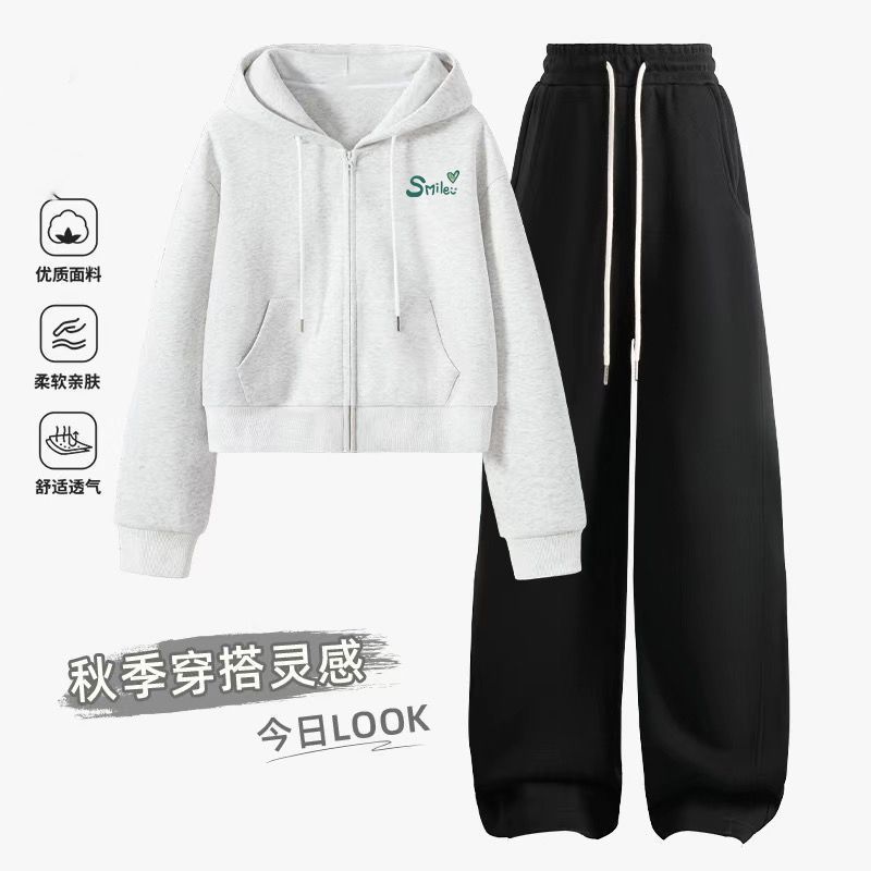 运动套装女春季2025年新款短款连帽开衫卫衣外套开春穿搭一整套女|undefined