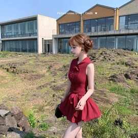 车厘子花夜红兔无袖衬衫系带花苞连衣裙夏季甜美新款收腰公主短裙