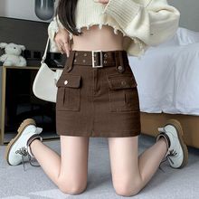 咖啡色工装牛仔短裙女秋冬新款弹力百搭高腰包臀裙裤半身裙配腰带