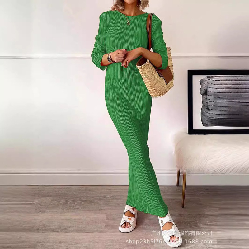 European and American Amazon spring and autumn round neck long sleeve pleated slim foreign trade cross-border sexy fashion solid color women's clothing dress European and American Amazon spring and autumn round neck long sleeve pleated slim foreign trade cross-border sexy fashion solid color women's clothing dress