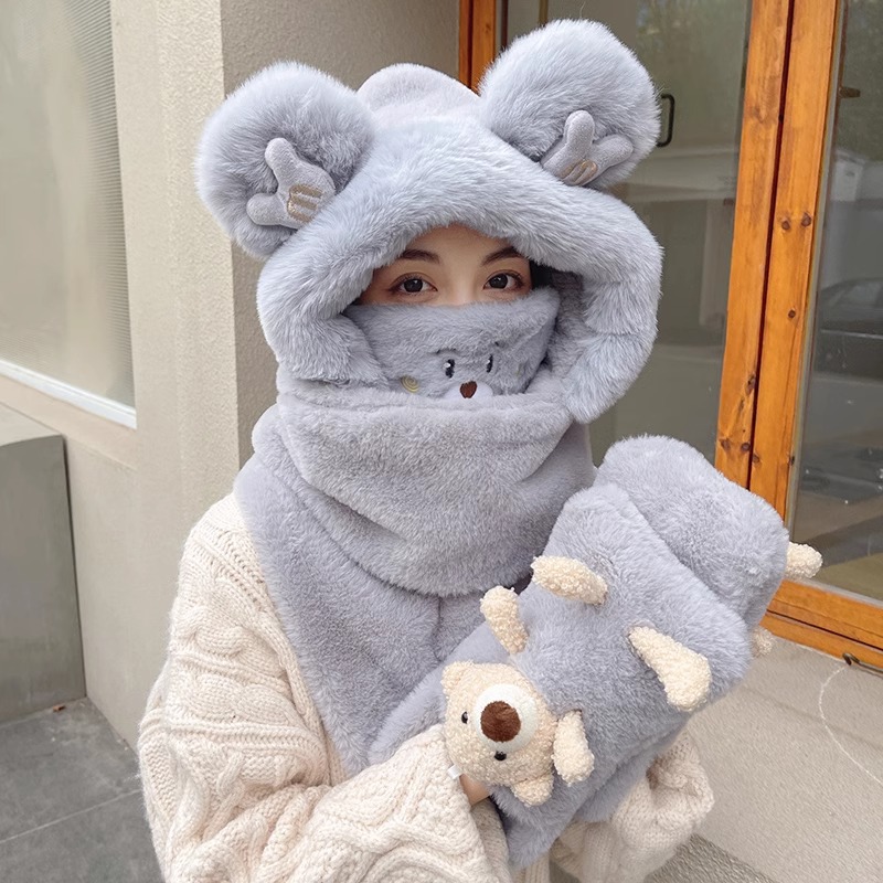 Scarf Integrated Hat for Women, Autumn and Winter, Versatile Korean Style, Plush Faux Rabbit Fur, Bear Design, Thickened for Warmth, Neck Protection Hat