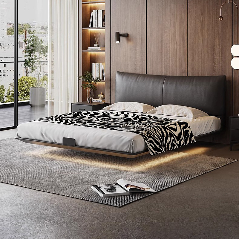 Cama Chanel suspendida de acero al carbono Cama de cuero minimalista estilo italiano Bolsa suave Dormitorio principal doble Cama grande Cama flotante Negro