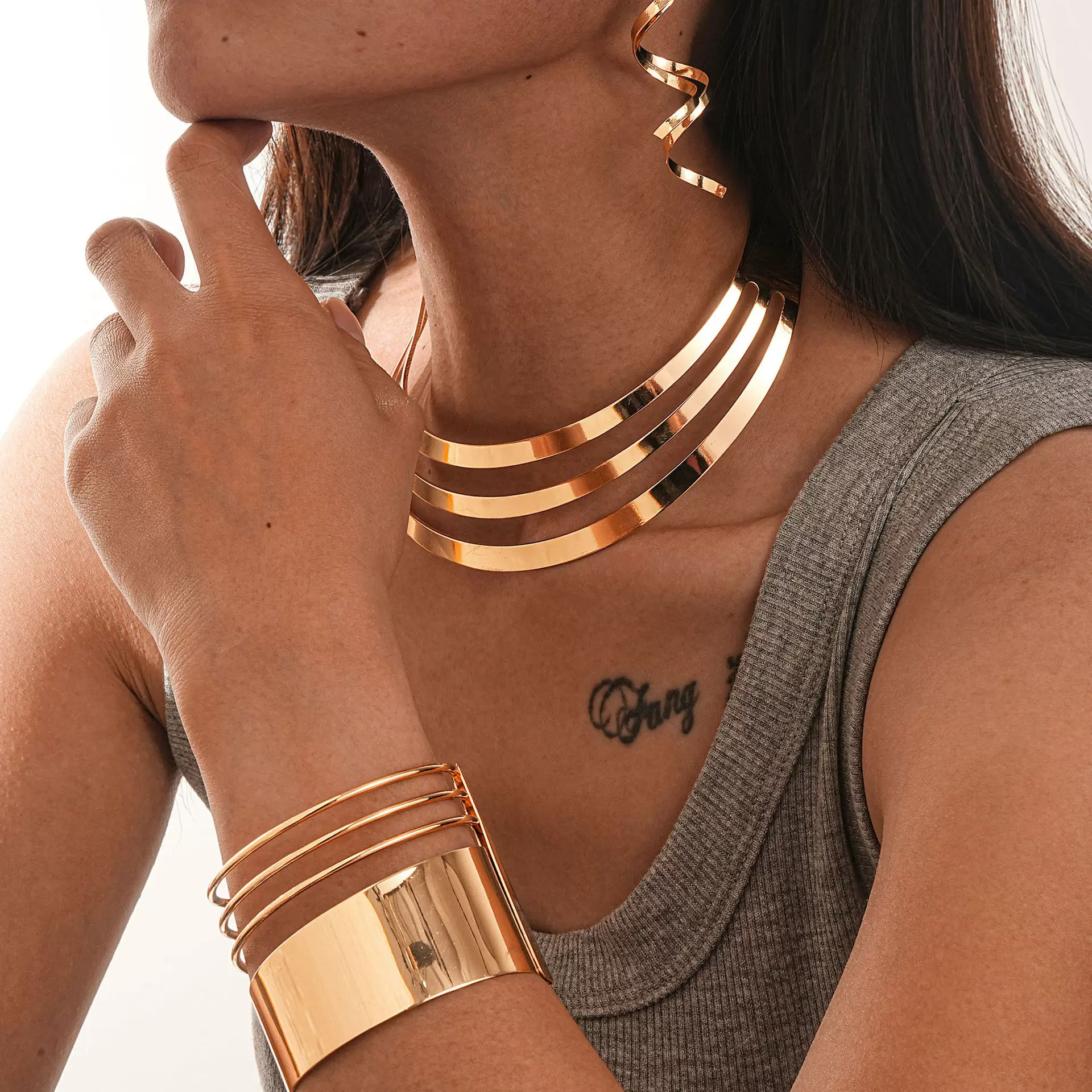 欧美新款个性首饰套装 时尚外贸多层项圈手镯耳钉3件套装跨境饰品