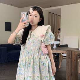 大码女装法式复古娃娃领连衣裙夏季新款胖MM2-300斤显瘦时尚长裙