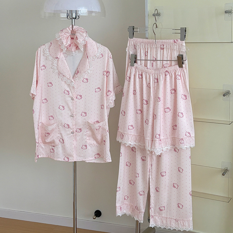 New Style Ice Silk Pajamas for Women, Summer Short-Sleeved Three-Piece Set, Sweet and Cute Thin Silk Home Wear Set for Women