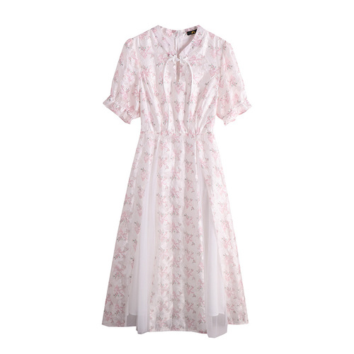 120-350 catties plus size women's retro girl's slit floral dress fat mm summer new tea break dress